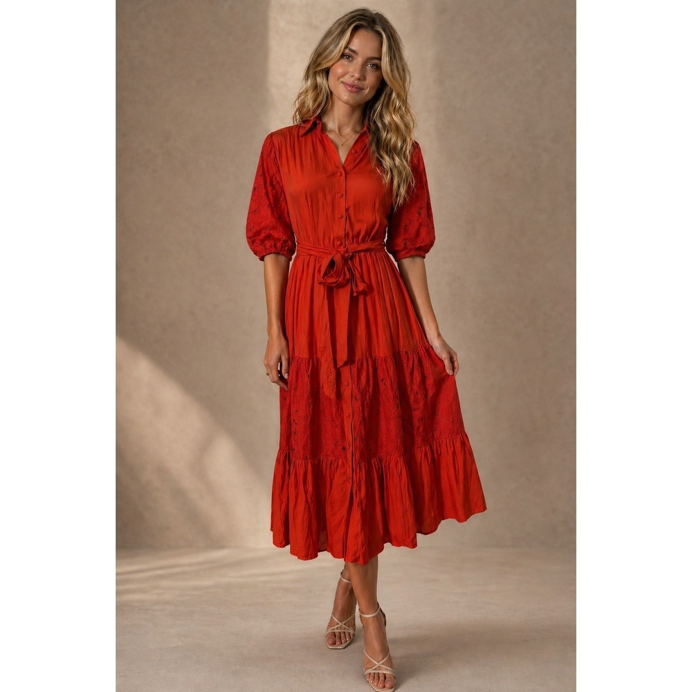 Womens Red Midi Dress‎ Elevated Casual Modern Prairie Feminine Romantic Size S